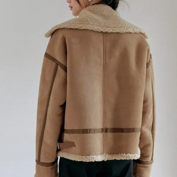 khaki zip up teddy lined coat casual streetwear fall winter - Picture 6 of 8